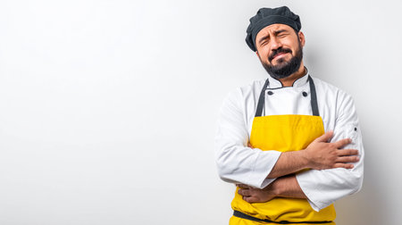 Chef in yellow apron with a pained expression stands against a blank wall in a kitchen, conveying frustration during a cooking endeavorの素材