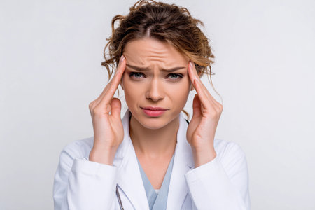 Frustrated female doctor experiencing a headache while examining patient records in a clinical setting during office hoursの素材