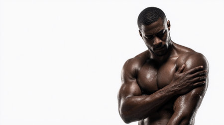 Muscular man posing against a plain background showing fitness and strength during a studio photoshootの素材