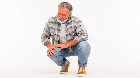 Senior man in casual attire squatting while observing his knee, indoors in a simple white setting, focusing on his health and mobility concernsの素材