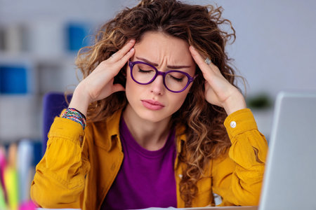Young woman with curly hair and glasses expresses stress while working at a desk in a modern office environment during the dayの素材
