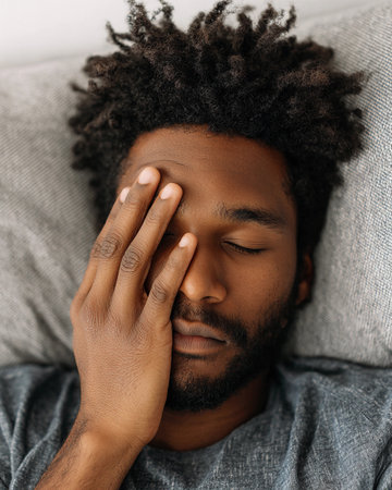 Man resting on a bed with eyes closed, hand covering his face, demonstrating a moment of relaxation or stress relief during the dayの素材