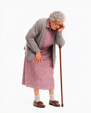 Elderly woman using cane experiences discomfort while leaning on her hand in a light-filled indoor environment during daylight hoursの素材