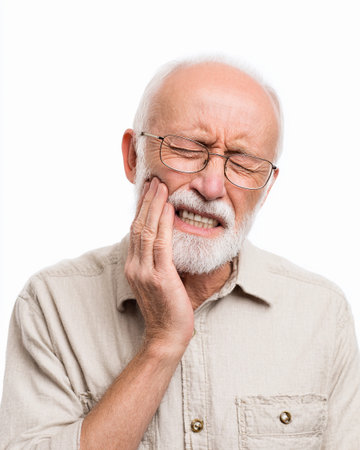 Portrait of a senior man suffering from toothache isolated on white backgroundの素材