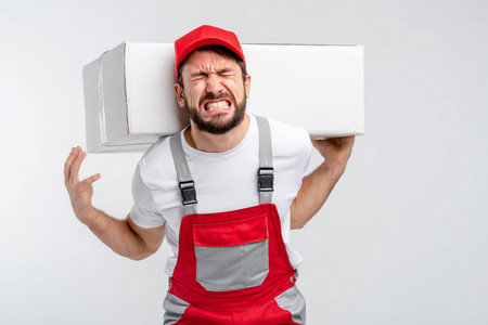 Portrait of a young delivery man shouting and holding boxes on white backgroundの素材