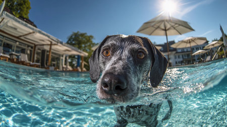 Dog enjoys a sunny day swimming in a pool surrounded by umbrellas and lounging chairs near a luxurious hotelの素材