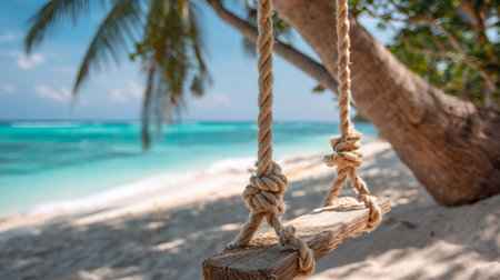 Relaxing beach swing overlooking turquoise water and sandy shore during sunny dayの素材