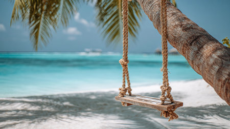 Wooden swing hanging on palm tree on sandy beach in Maldivesの素材