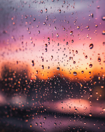 Colorful sunset reflecting through water droplets on a window, creating a serene and tranquil atmosphere during a rainy eveningの素材