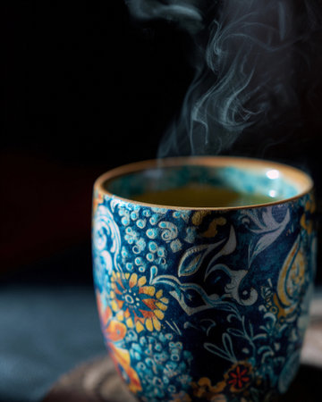Colorful ceramic mug with steam rising from hot beverage, creating a cozy atmosphere in a softly lit settingの素材