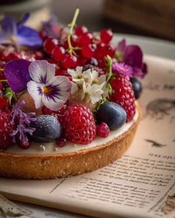 Delicious tart topped with fresh berries and edible flowers displayed on a vintage bookの素材
