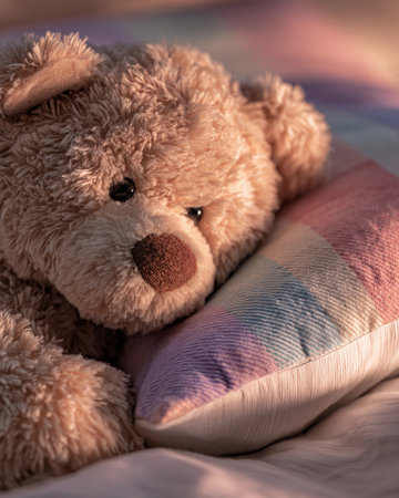 Soft teddy bear resting on a cozy pillow in a tranquil bedroom setting, capturing warmth and nostalgia during evening hoursの素材