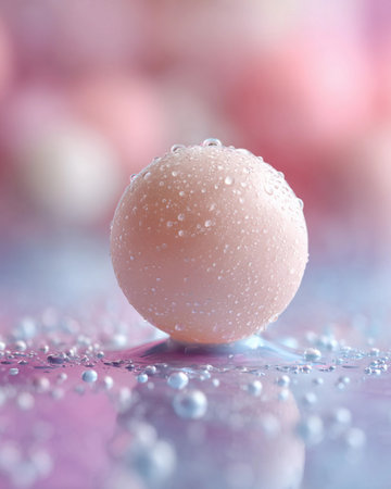 Water drops on a ball of pink and white color with blurred backgroundの素材