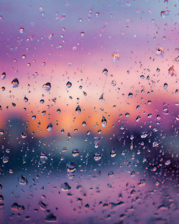 raindrops on the glass with blurred background of the city at sunsetの素材