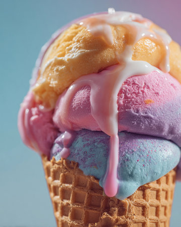 Close up of colorful ice cream in waffle cone on blue backgroundの素材