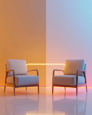 Modern armchairs positioned in a stylish interior with contrasting warm and cool color tones during soft lightingの素材