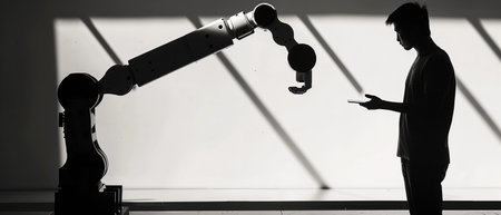 Robot arm interacts with person in workshop setting during daytime showcasing advancements in automation technologyの素材