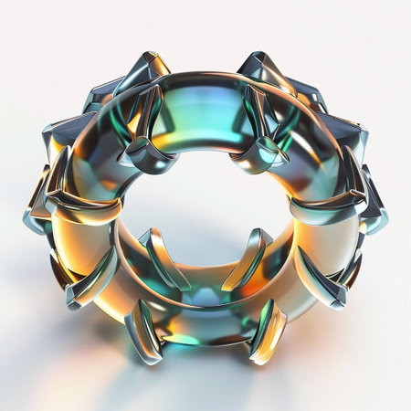 Colorful abstract 3D sculpture featuring a spiked ring design with a shiny, reflective surface and vibrant lighting effectsの素材