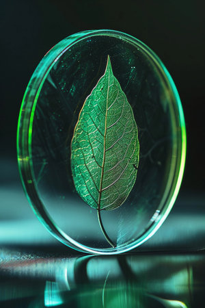 Close-up view of a preserved leaf in resin highlighting its intricate details and vibrant green color under soft lightingの素材