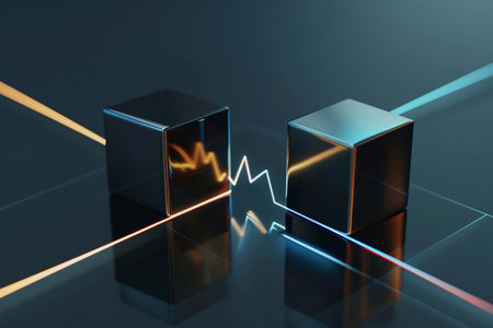 Artistic representation of metallic cubes connected by vibrant lines exemplifying technology and innovation in a modern settingの素材