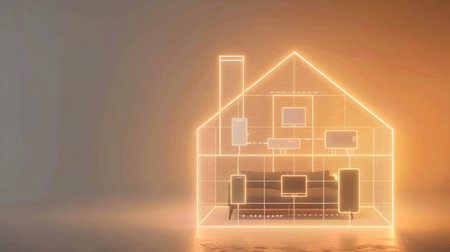 Digital outline of a house with glowing appliances and furniture illuminated in a warm fog, symbolizing modern living and smart home technologyの素材