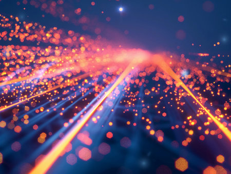 Vibrant light trails and glowing particles create an immersive abstract background highlighting motion and energy in digital artの素材