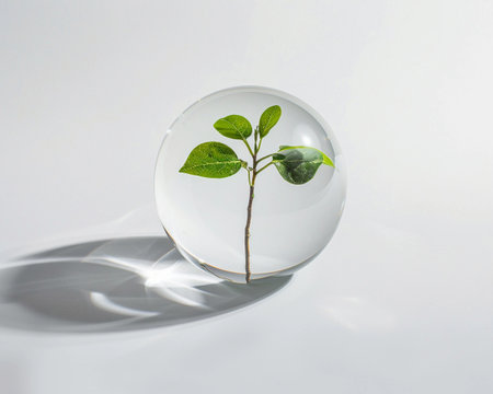 Small tree encapsulated in a glass sphere resting on a white surface with soft shadows highlighting its featuresの素材