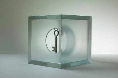 Unique frosted glass cube with a key suspended inside, symbolizing secrecy and mystery, creating an intriguing visual puzzle and artistic statementの素材
