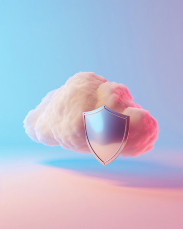 Digital cloud with a shield symbol representing data protection in a vibrant pastel background during a serene momentの素材