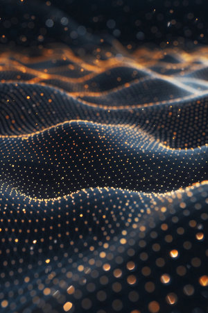 Abstract representation of flowing waves with glowing points, showcasing a dynamic interplay of light and texture in a dark spaceの素材