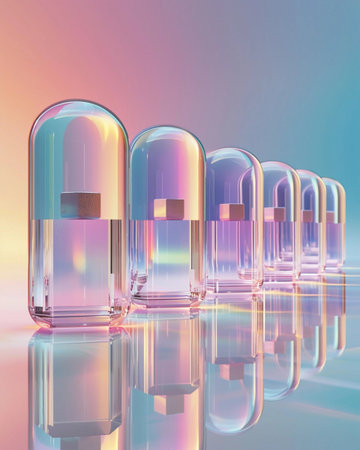 Rows of translucent capsules with iridescent reflections under soft pastel lightingの素材