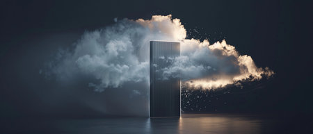 Mysterious portal emerges from dark clouds, illuminating the surrounding atmosphere with brilliant light during an enchanting eveningの素材