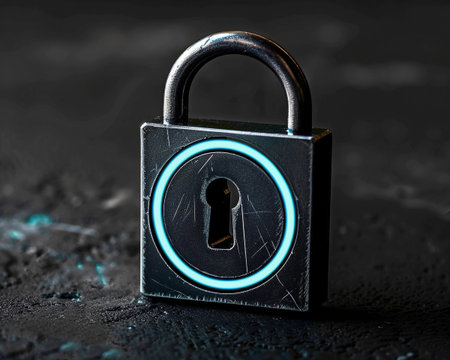 Close-up view of a metallic padlock with a glowing circular design on a textured black background highlighting strength and security in modern technologyの素材