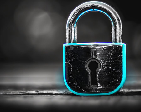 Locked padlock on wooden table in dark room. Security conceptの素材