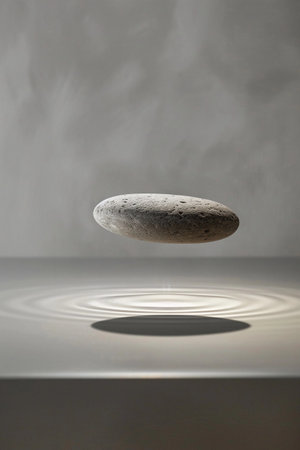 Japanese zen stone balancing on the water surface of a spa poolの素材