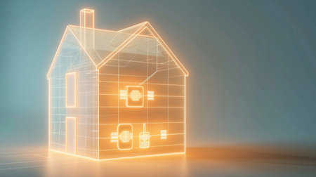 3D rendering of a house with a glowing grid on a blue backgroundの素材