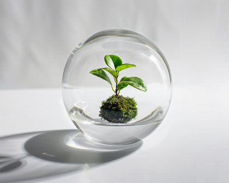 Plant in a glass sphere on a white background with a shadowの素材