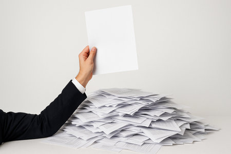 Business professional holding a blank sheet of paper over a large pile of documents in a light office setting during a busy workdayの素材
