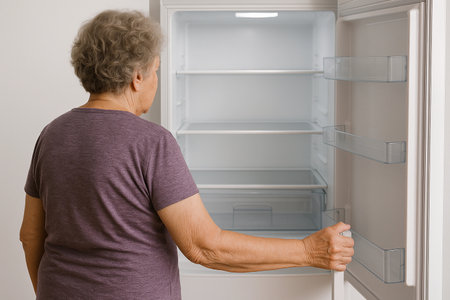 Senior woman standing in front of an empty refrigerator in a modern kitchen, reflecting on meal choices and food availability during late afternoonの素材