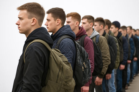 Young men lined up wearing backpacks in a minimalist setting, displaying a sense of order and discipline during a specific event or activityの素材