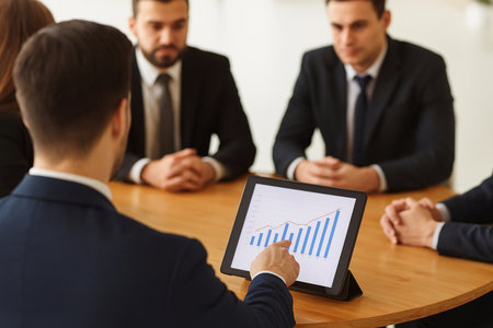 Business meeting with professionals discussing data trends using a tablet during a conference setting in an office environmentの素材
