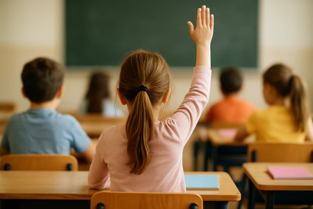 Students engaged in learning as one child raises their hand to answer a question in a classroom setting during the school dayの素材