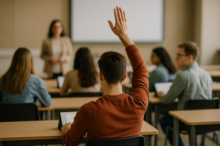 Student raises hand during classroom discussion in a modern educational setting in the afternoonの素材