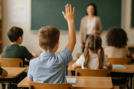 Student raising hand to answer question during classroom lesson with teacher in front of blackboardの素材