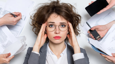 Woman experiencing stress while managing paperwork and phone calls in a busy office environment during the dayの素材