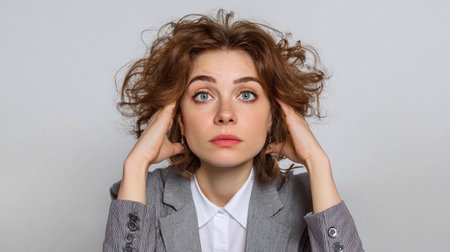 Young woman with curly hair expresses contemplation in a formal attire against a neutral background, her hands resting on her head in a moment of reflection and thoughtの素材