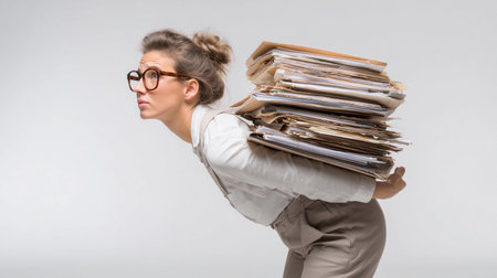 Professional woman struggles under the weight of a large stack of paperwork in a minimalist office settingの素材