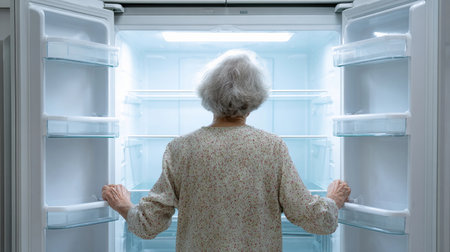 Elderly woman standing in front of an open refrigerator, contemplating her choices in the kitchen at home during daylight hoursの素材