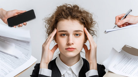 Young professional looks stressed while managing multiple tasks in a busy office environment during the dayの素材