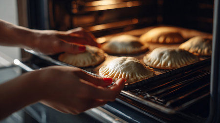 Freshly baked pastries come out of the oven as hands carefully remove them to cool on the rack, showcasing culinary skill in a cozy kitchen environmentの素材